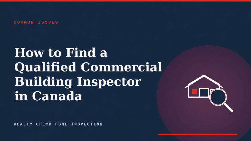 How to find a qualified commercial building inspector in Canada, featuring a commercial building and magnifying glass inspection icon on a dark navy background.
